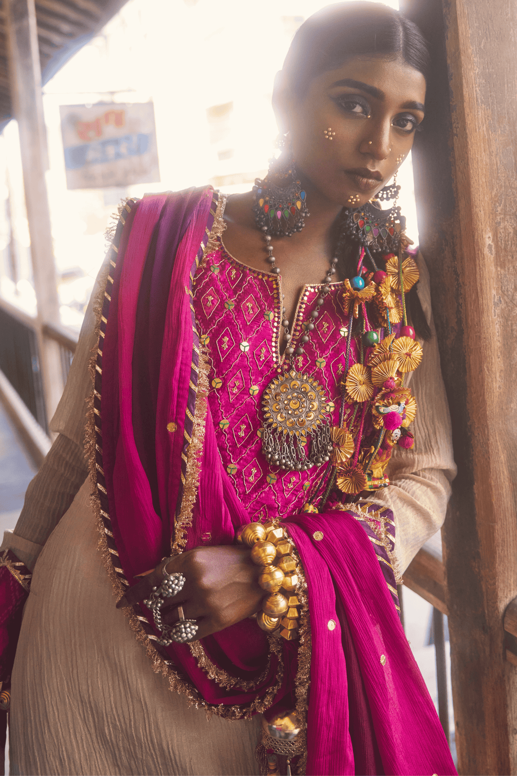 Soraya- Kurta Set with Square Shaped Pink and Purple Ikat Patch and Kundan Work with Handwork Detailing