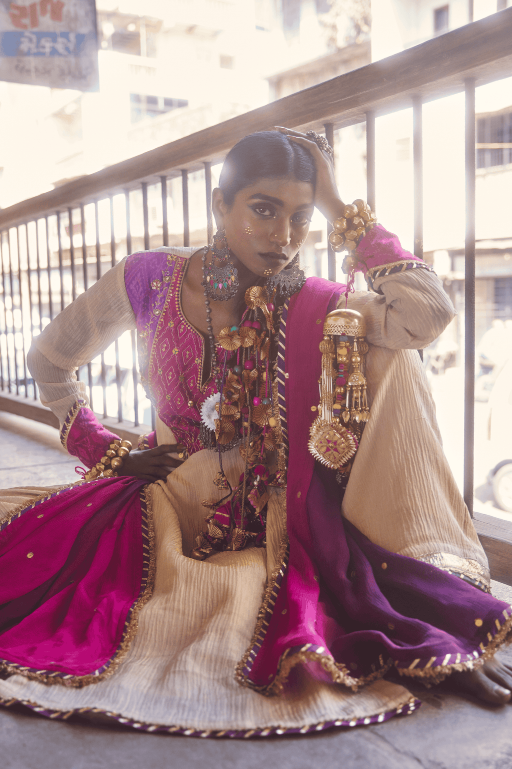 Soraya- Kurta Set with Square Shaped Pink and Purple Ikat Patch and Kundan Work with Handwork Detailing