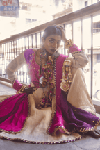 Soraya- Kurta Set with Square Shaped Pink and Purple Ikat Patch and Kundan Work with Handwork Detailing