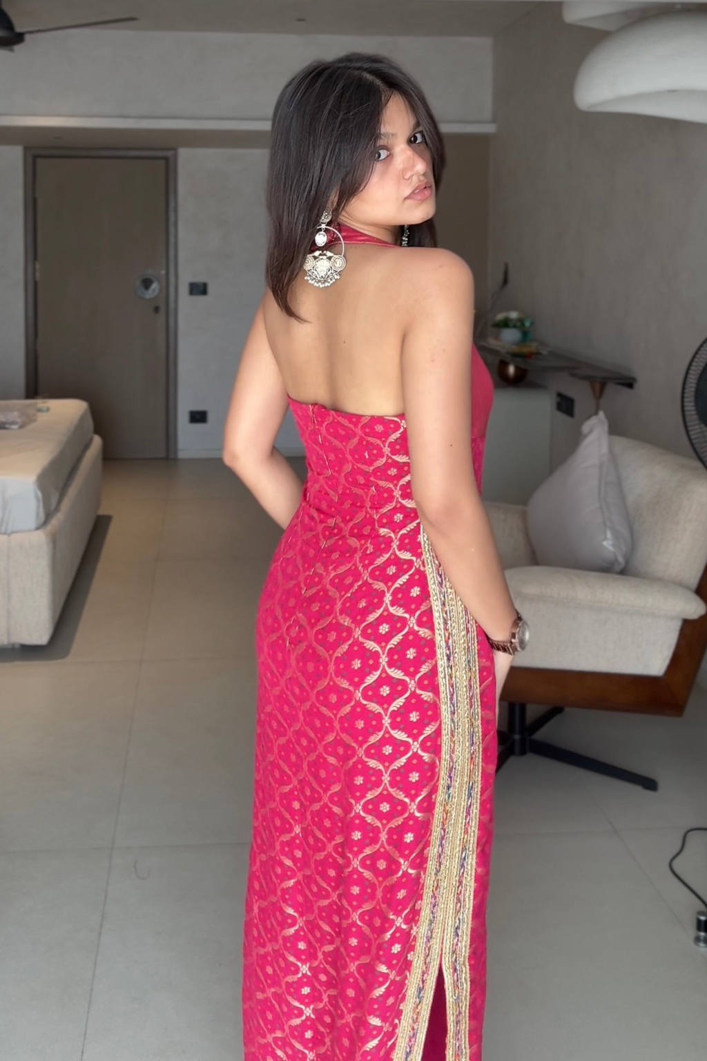 Hot Pink Dress with Lace Detailing