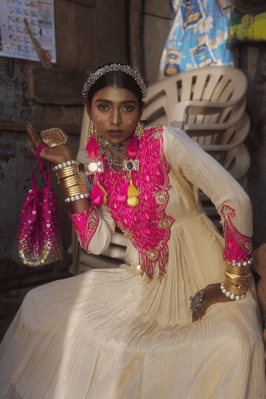 Mallika - Anarkali Set with Pink Ikat Patch and Kundan Work with Handwork Detailing
