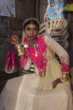 Mallika - Anarkali Set with Pink Ikat Patch and Kundan Work with Handwork Detailing