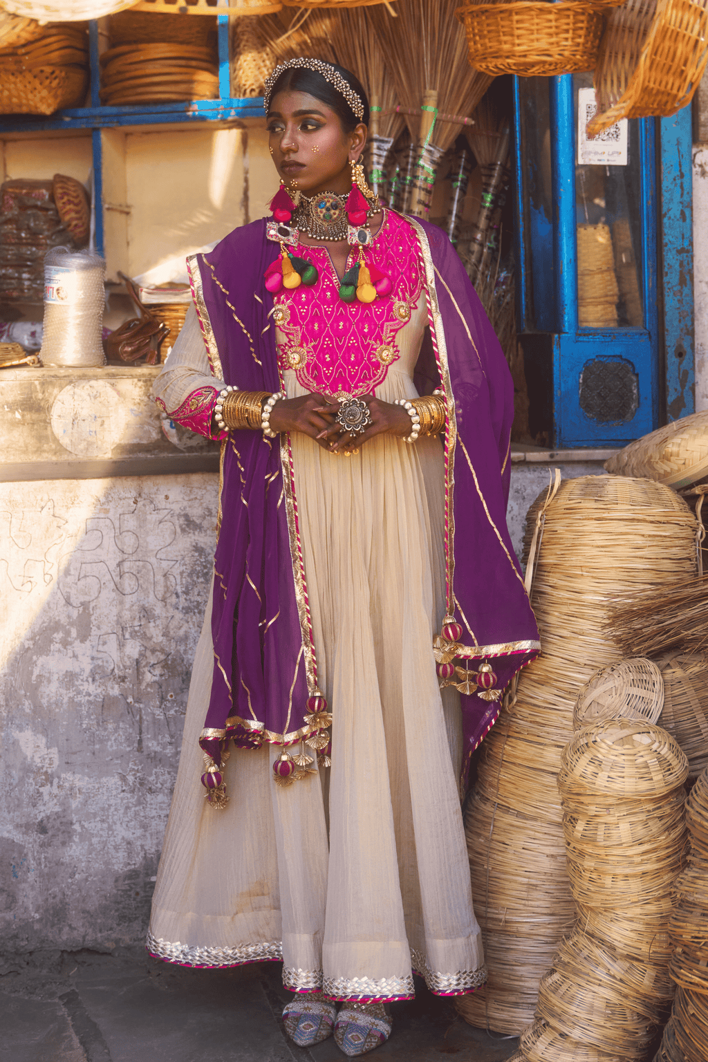 Mallika - Anarkali Set with Pink Ikat Patch and Kundan Work with Handwork Detailing