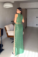 Olive Green Straight Skirt and Top Set with Lace Detailing