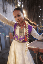 Shahzadi- Jacket Set with Anarkali and Purple Ikat Jacket with Kundan Work and Handwork Detailing