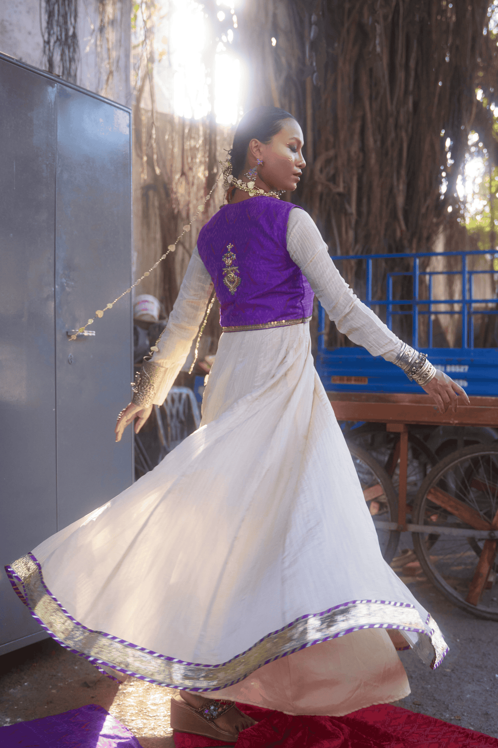 Shahzadi- Jacket Set with Anarkali and Purple Ikat Jacket with Kundan Work and Handwork Detailing