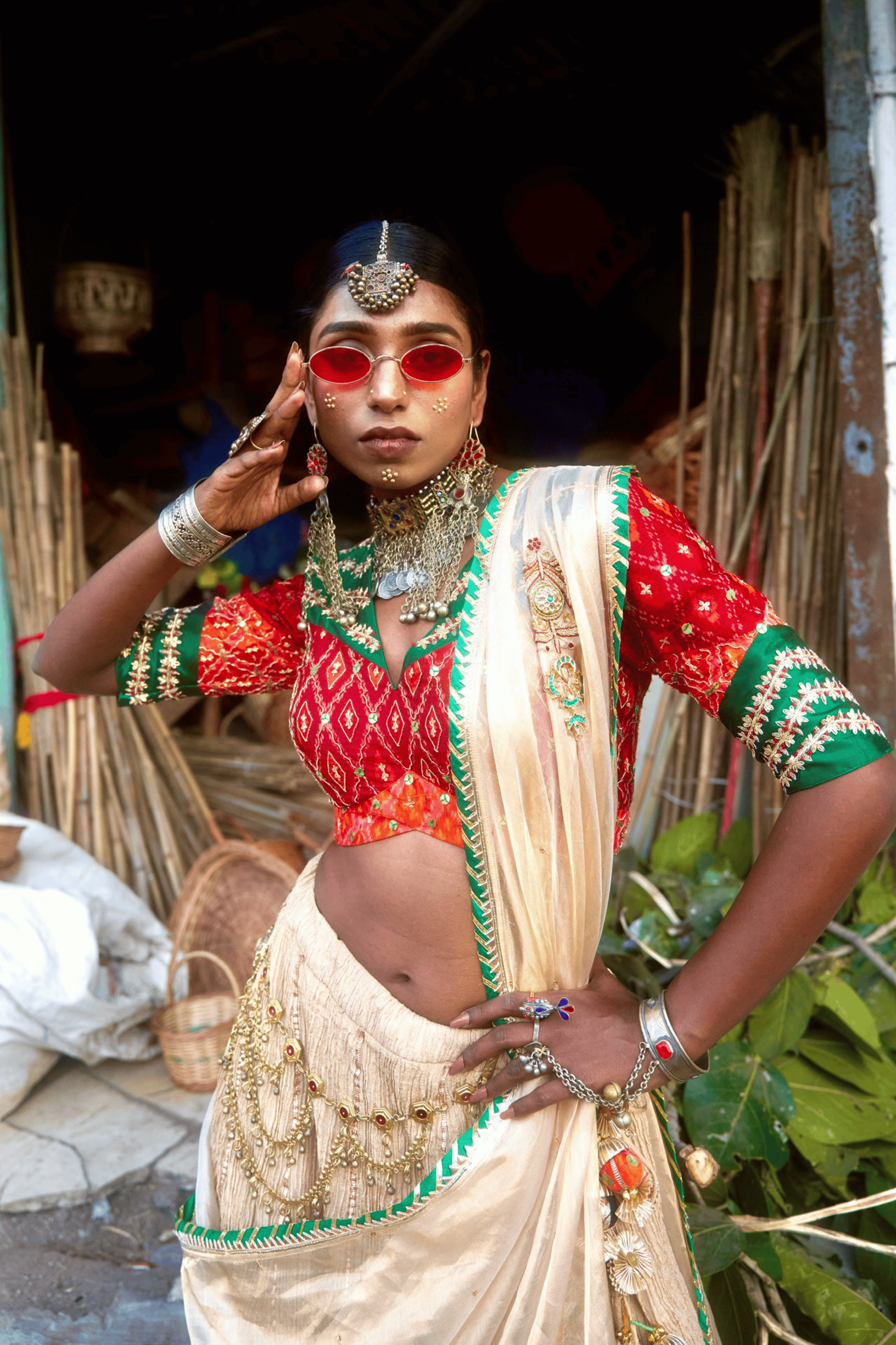 Shaheen - Lehenga Set with Multi-Colour Ikat Blouse and Handwork with Kundan Detailing