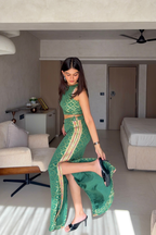 Olive Green Straight Skirt and Top Set with Lace Detailing