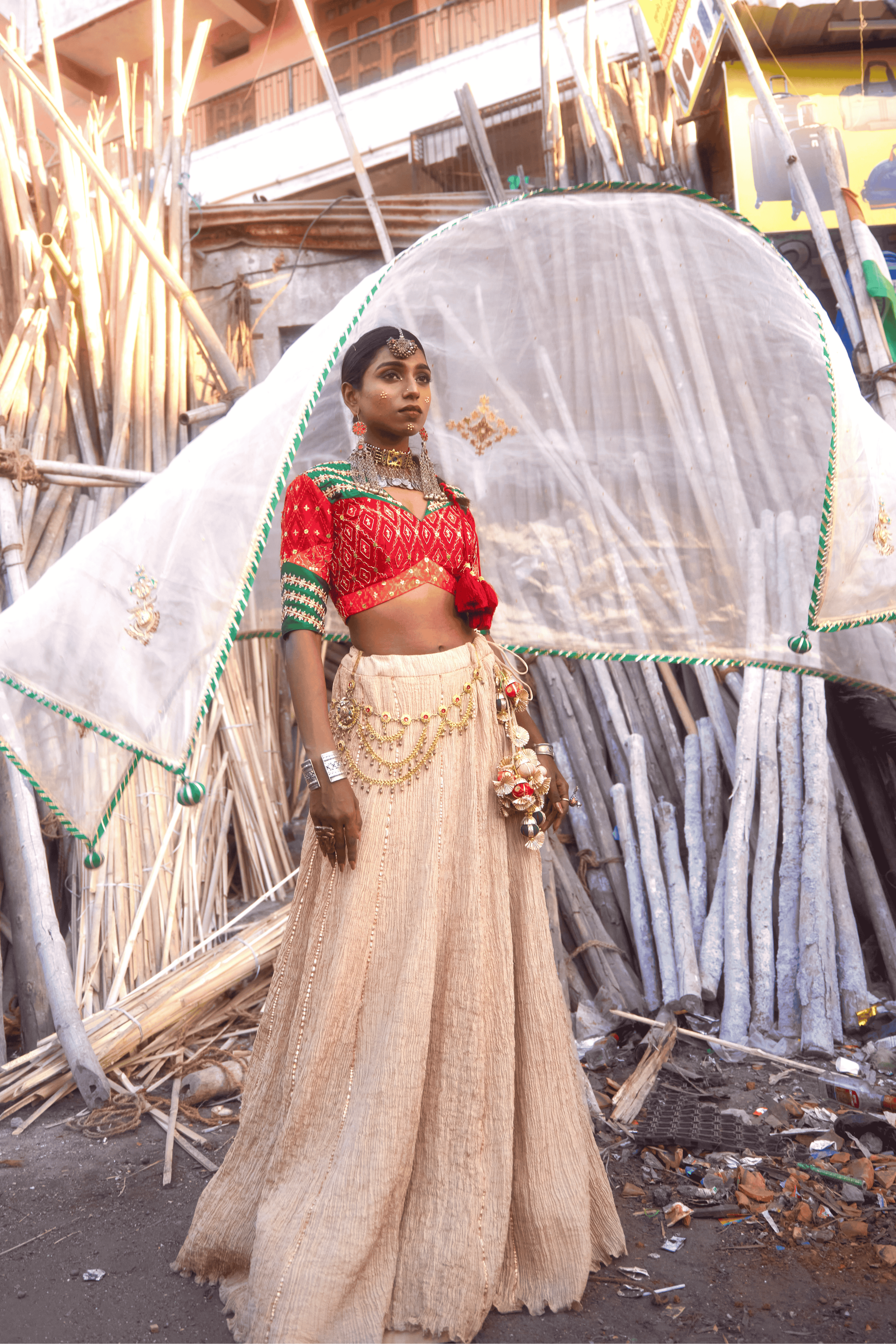 Shaheen - Lehenga Set with Multi-Colour Ikat Blouse and Handwork with Kundan Detailing
