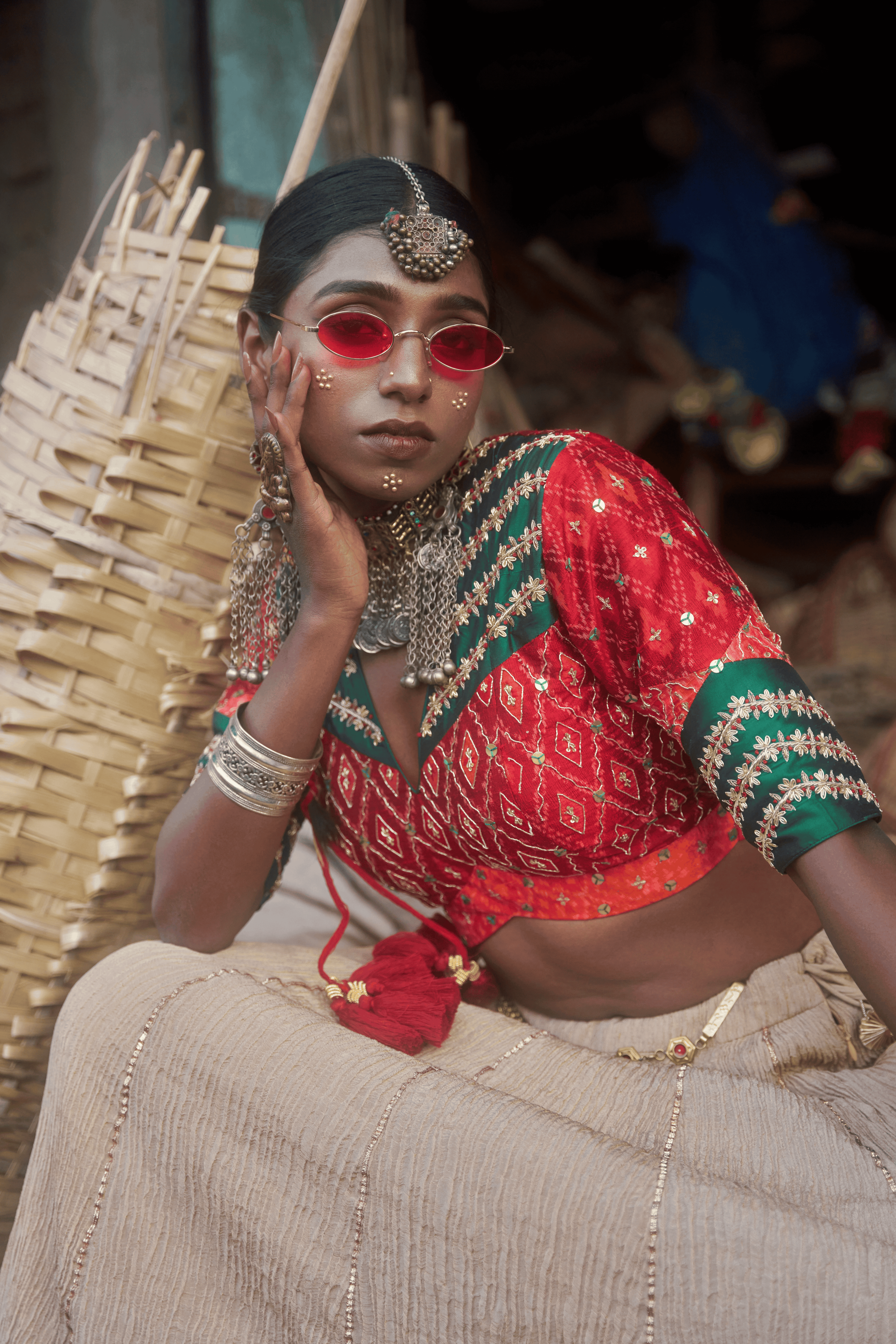 Shaheen - Lehenga Set with Multi-Colour Ikat Blouse and Handwork with Kundan Detailing