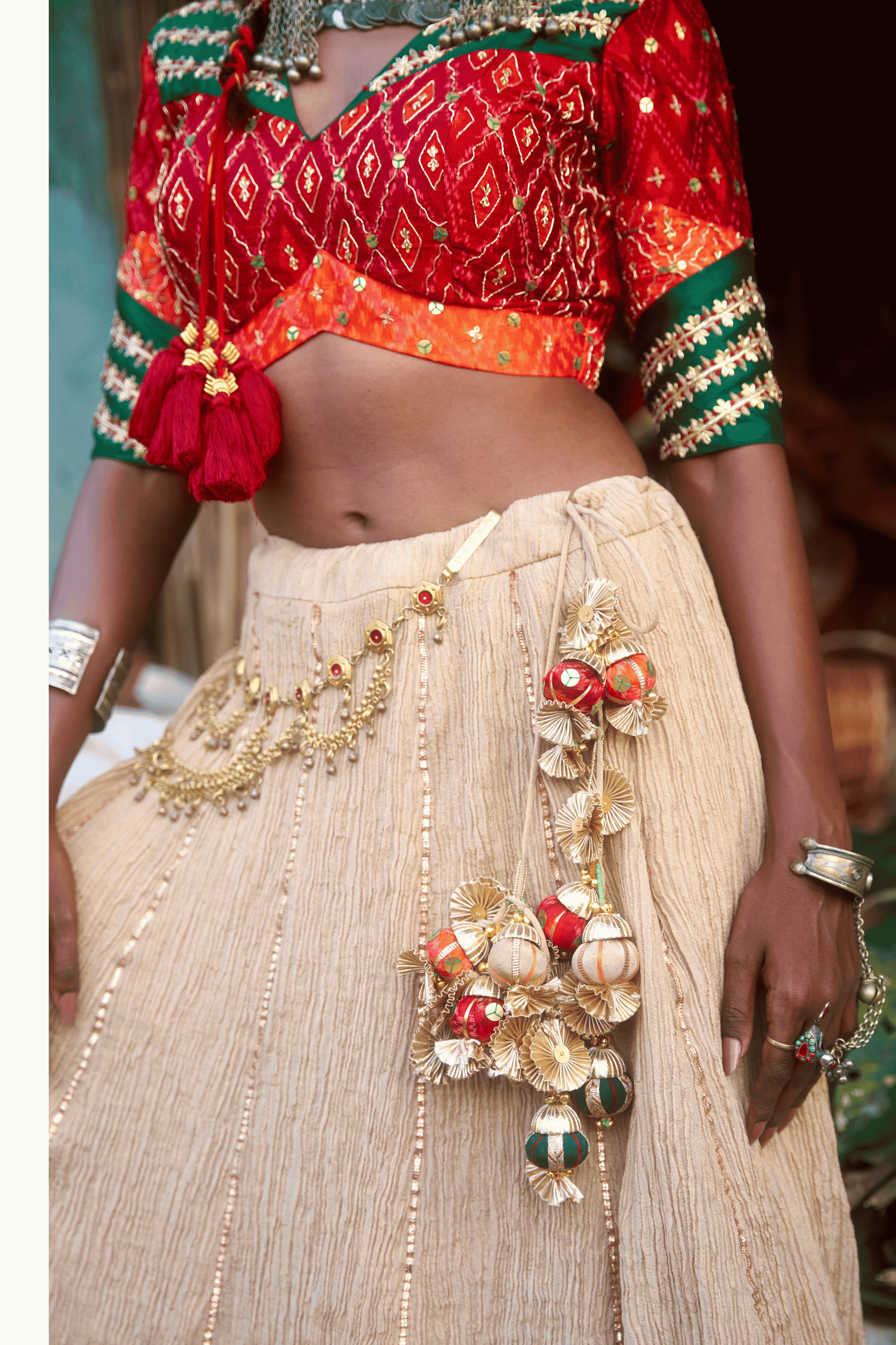 Shaheen - Lehenga Set with Multi-Colour Ikat Blouse and Handwork with Kundan Detailing