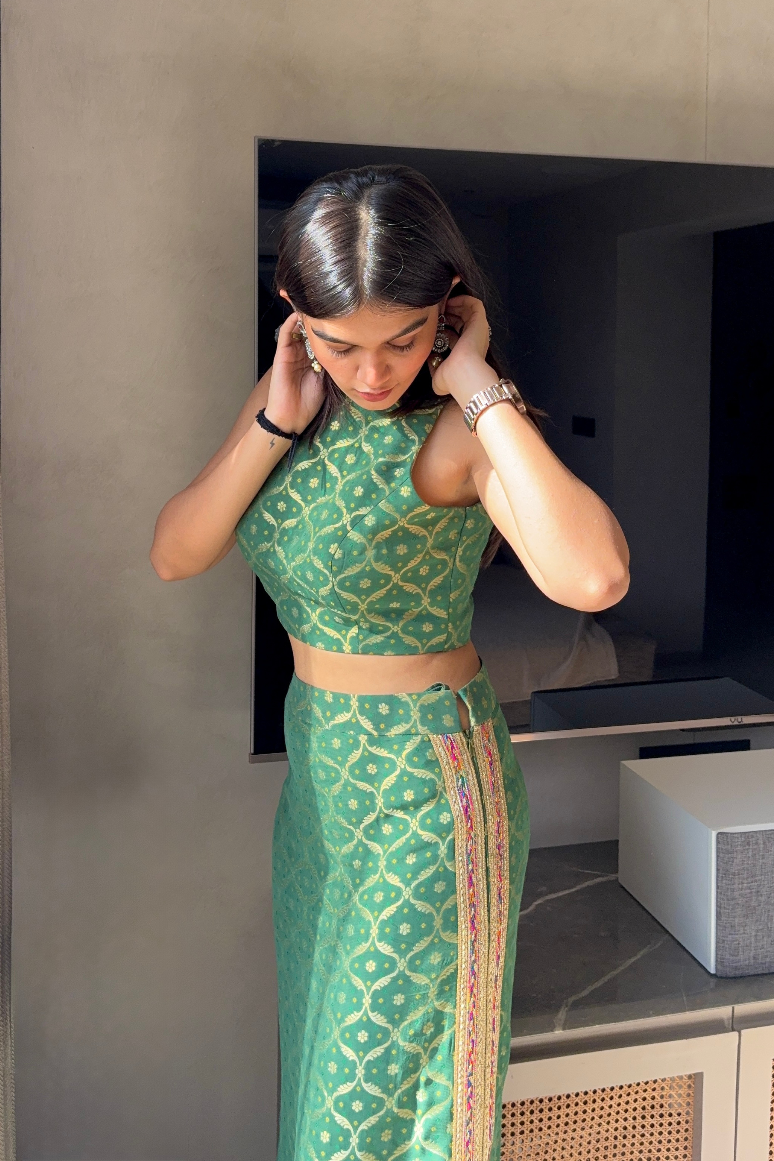 Olive Green Straight Skirt and Top Set with Lace Detailing