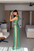 Olive Green Straight Skirt and Top Set with Lace Detailing